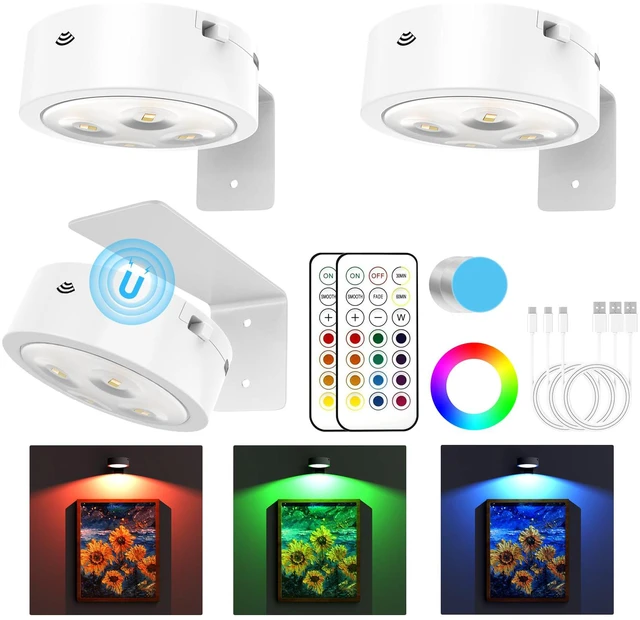 Main image of 3 Pack Picture Lights for Wall, 13 RGB Color Rechargeable Battery Operated wall lights, Picture Frame lights with 3 Lighting Modes, Wireless Magnetic Painting Light with Remote Control Timer, (White)