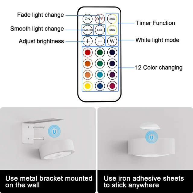 Alt view image 5 of 7 - 3 Pack Picture Lights for Wall, 13 RGB Color Rechargeable Battery Operated wall lights, Picture Frame lights with 3 Lighting Modes, Wireless Magnetic Painting Light with Remote Control Timer, (White)