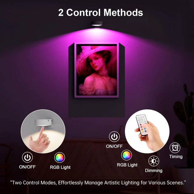 Alt view image 6 of 7 - 3 Pack Picture Lights for Wall, 13 RGB Color Rechargeable Battery Operated wall lights, Picture Frame lights with 3 Lighting Modes, Wireless Magnetic Painting Light with Remote Control Timer, (White)