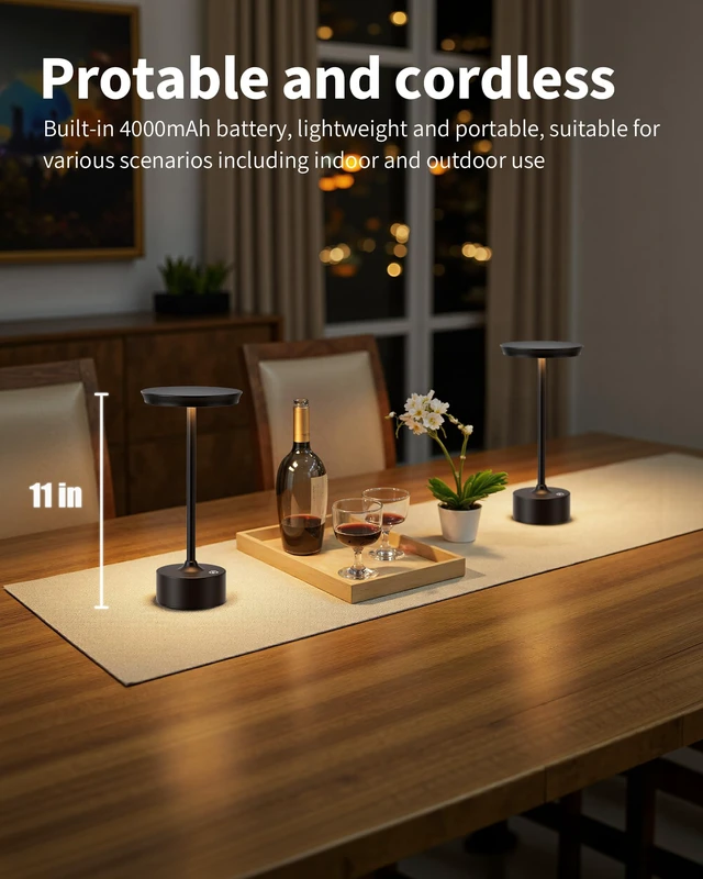 Alt view image 2 of 7 - Rechargeable Table Lamps Set of 2, Black Cordless Portable Desk Lamp 4000mAh Battery, Stepless Dimming & 3 Color 2700K-6000K, LED Lamp for Bedroom, Living Room, Restaurant, Outdoor, Night Light