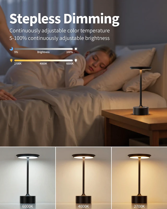 Alt view image 4 of 7 - Rechargeable Table Lamps Set of 2, Black Cordless Portable Desk Lamp 4000mAh Battery, Stepless Dimming & 3 Color 2700K-6000K, LED Lamp for Bedroom, Living Room, Restaurant, Outdoor, Night Light