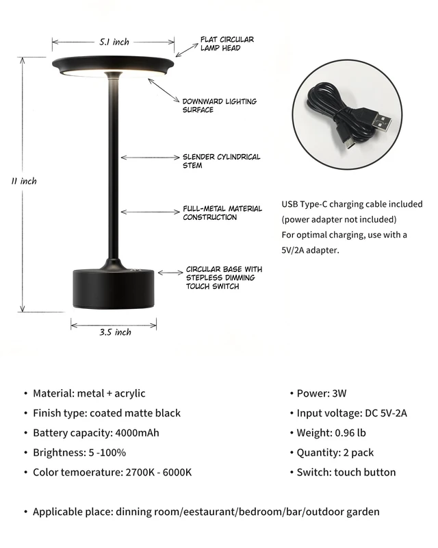 Alt view image 6 of 7 - Rechargeable Table Lamps Set of 2, Black Cordless Portable Desk Lamp 4000mAh Battery, Stepless Dimming & 3 Color 2700K-6000K, LED Lamp for Bedroom, Living Room, Restaurant, Outdoor, Night Light