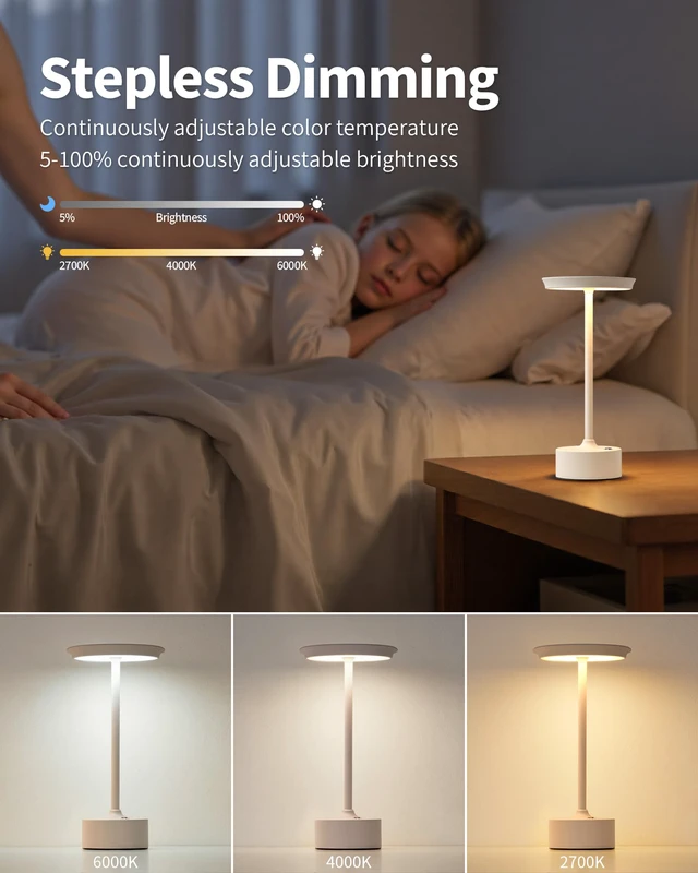 Alt view image 4 of 7 - Rechargeable Table Lamps Set of 2, White Cordless Portable Desk Lamp 4000mAh Battery, Stepless Dimming & 3 Color 2700K-6000K, LED Lamp for Bedroom, Living Room, Restaurant, Outdoor, Night Light