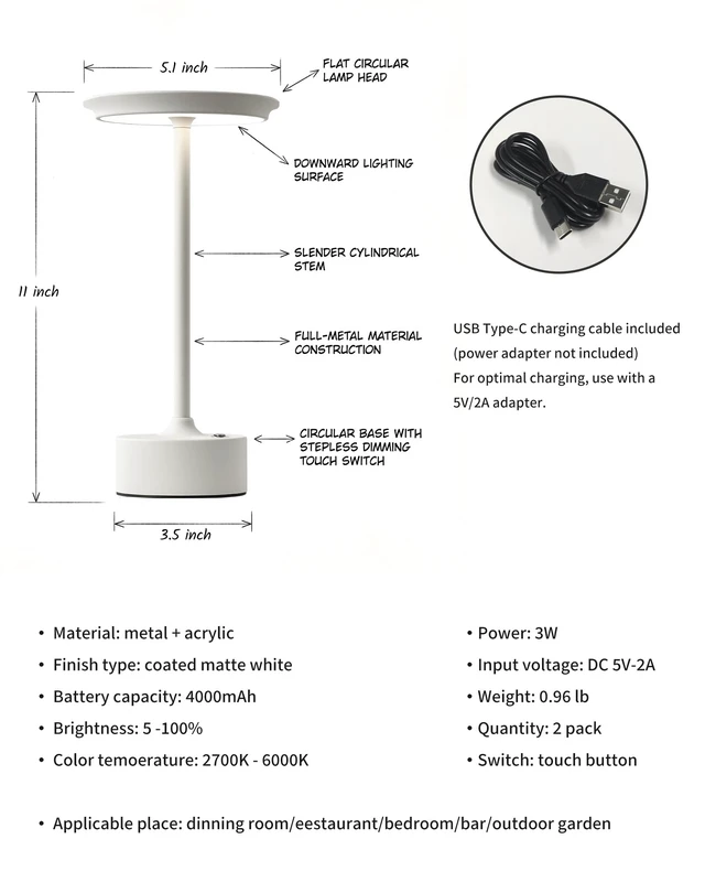 Alt view image 6 of 7 - Rechargeable Table Lamps Set of 2, White Cordless Portable Desk Lamp 4000mAh Battery, Stepless Dimming & 3 Color 2700K-6000K, LED Lamp for Bedroom, Living Room, Restaurant, Outdoor, Night Light
