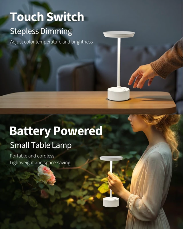 Alt view image 5 of 7 - Rechargeable Table Lamps Set of 2, White Cordless Portable Desk Lamp 4000mAh Battery, Stepless Dimming & 3 Color 2700K-6000K, LED Lamp for Bedroom, Living Room, Restaurant, Outdoor, Night Light