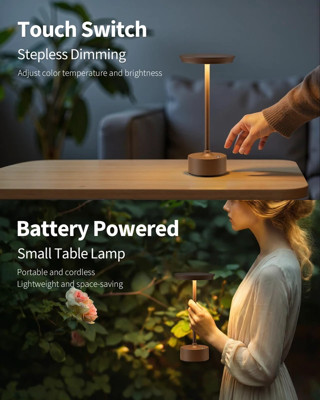 Alt view image 4 of 7 - Rechargeable Table Lamps Set of 2, Brown Cordless Portable Desk Lamp 4000mAh Battery, Stepless Dimming & 3 Color 2700K-6000K, LED Lamp for Bedroom, Living Room, Restaurant, Outdoor, Night Light