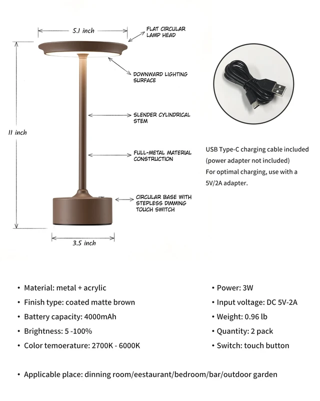Alt view image 5 of 7 - Rechargeable Table Lamps Set of 2, Brown Cordless Portable Desk Lamp 4000mAh Battery, Stepless Dimming & 3 Color 2700K-6000K, LED Lamp for Bedroom, Living Room, Restaurant, Outdoor, Night Light