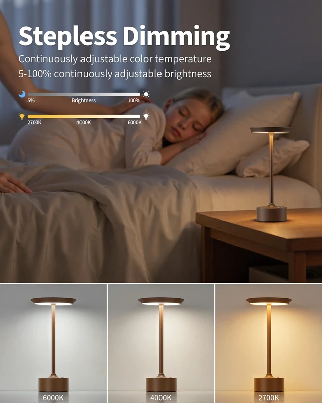 Alt view image 6 of 7 - Rechargeable Table Lamps Set of 2, Brown Cordless Portable Desk Lamp 4000mAh Battery, Stepless Dimming & 3 Color 2700K-6000K, LED Lamp for Bedroom, Living Room, Restaurant, Outdoor, Night Light