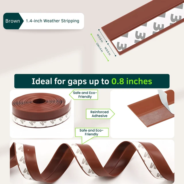 Alt view image 3 of 7 - Weather Stripping Door Seal, 1.4in Brown Flex Seal Tape Heavy-Duty Silicone, Strong Adhesive, Seals Medium Gaps for Winter Cold Protection and Energy Efficiency
