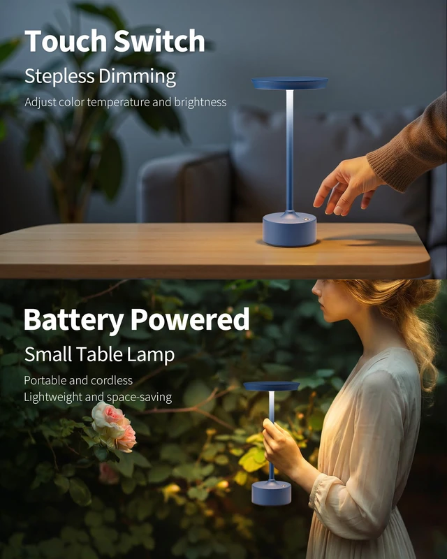 Alt view image 4 of 7 - Rechargeable Table Lamps Set of 2, Blue Cordless Portable Desk Lamp 4000mAh Battery, Stepless Dimming & 3 Color 2700K-6000K, LED Lamp for Bedroom, Living Room, Restaurant, Outdoor, Night Light