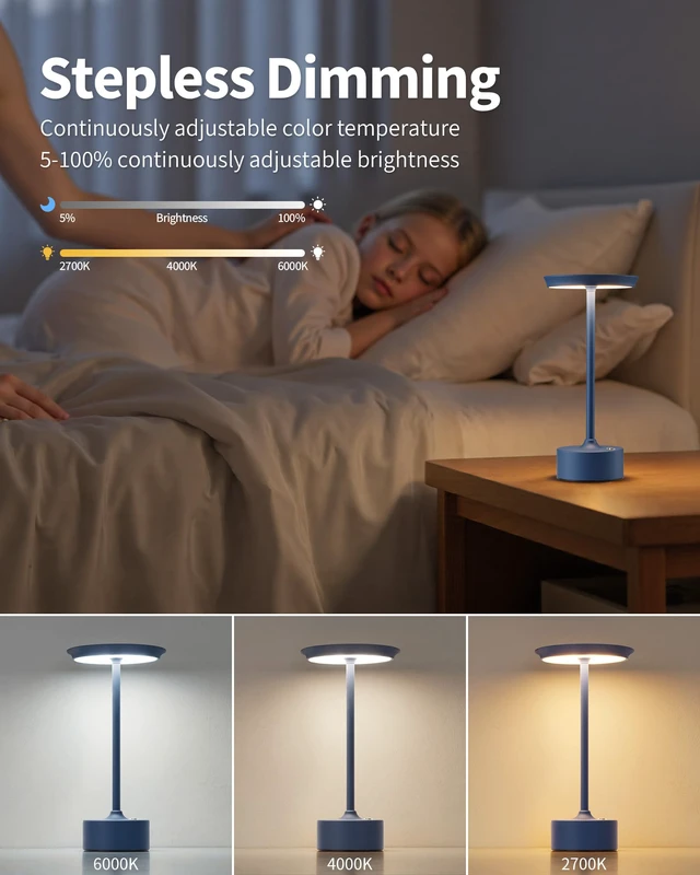Alt view image 6 of 7 - Rechargeable Table Lamps Set of 2, Blue Cordless Portable Desk Lamp 4000mAh Battery, Stepless Dimming & 3 Color 2700K-6000K, LED Lamp for Bedroom, Living Room, Restaurant, Outdoor, Night Light
