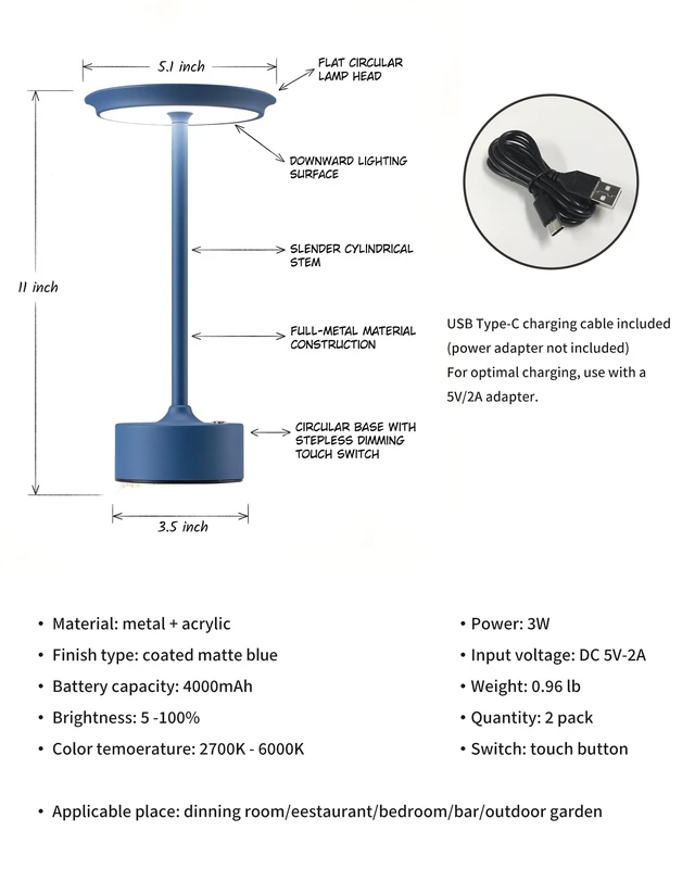 Alt view image 5 of 7 - Rechargeable Table Lamps Set of 2, Blue Cordless Portable Desk Lamp 4000mAh Battery, Stepless Dimming & 3 Color 2700K-6000K, LED Lamp for Bedroom, Living Room, Restaurant, Outdoor, Night Light