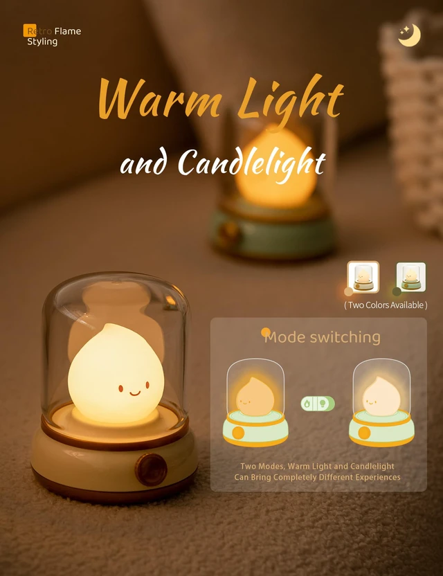 Alt view image 5 of 7 - Night Light, Cute Night Light for Kids 2 Pack (Yellow and Green) Chibi Flame Design, Battery-powered, Stepless Dimming, Room Decor, Gifts for kids