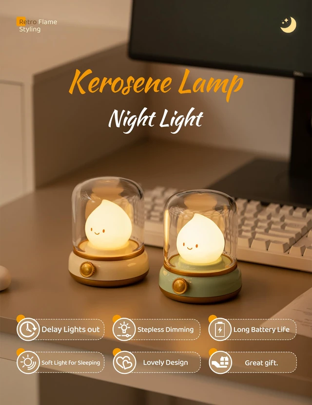 Alt view image 2 of 7 - Night Light, Cute Night Light for Kids 2 Pack (Yellow and Green) Chibi Flame Design, Battery-powered, Stepless Dimming, Room Decor, Gifts for kids