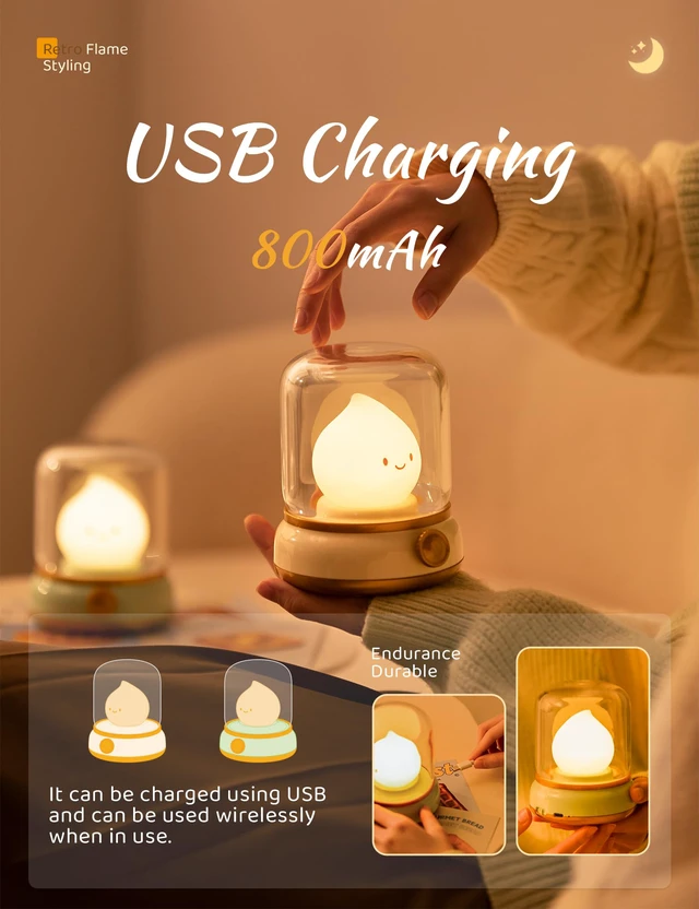 Alt view image 7 of 7 - Night Light, Cute Night Light for Kids 2 Pack (Yellow and Green) Chibi Flame Design, Battery-powered, Stepless Dimming, Room Decor, Gifts for kids