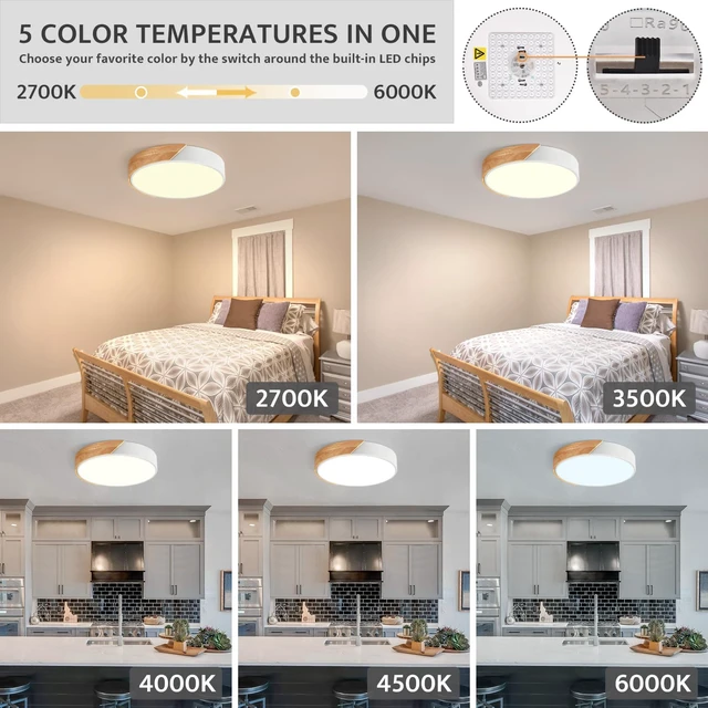Alt view image 2 of 6 - Modern Dimmable LED Ceiling Light, Minimalist Wood Style 5CCT 2700K-6000K Flush Mount Ceiling Light Fixture, Round Lighting Lamp for Bedroom, Laundry Room, Hallway, White, 11.8"