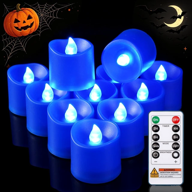 Main image of Blue Flameless LED Votive Tealight Candles & Timer Remote, 12Pack Battery operated, 400+ hour runtime, 2/4/6/8h timer, warm white flicker glow, flicker/steady mode, for wedding decor