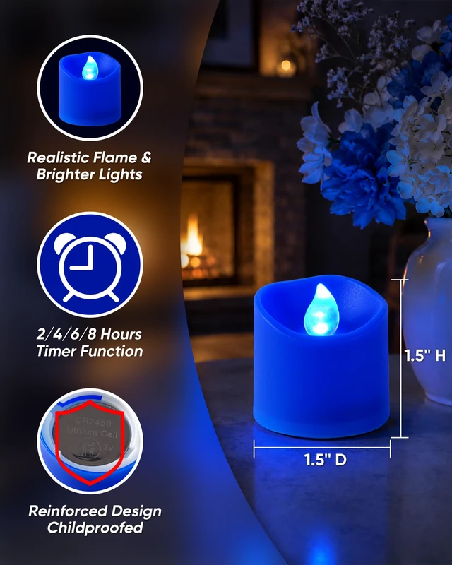 Alt view image 2 of 7 - Blue Flameless LED Votive Tealight Candles & Timer Remote, 12Pack Battery operated, 400+ hour runtime, 2/4/6/8h timer, warm white flicker glow, flicker/steady mode, for wedding decor