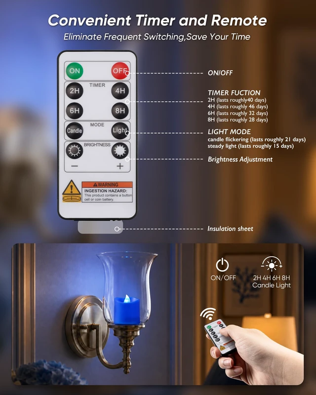 Alt view image 3 of 7 - Blue Flameless LED Votive Tealight Candles & Timer Remote, 12Pack Battery operated, 400+ hour runtime, 2/4/6/8h timer, warm white flicker glow, flicker/steady mode, for wedding decor
