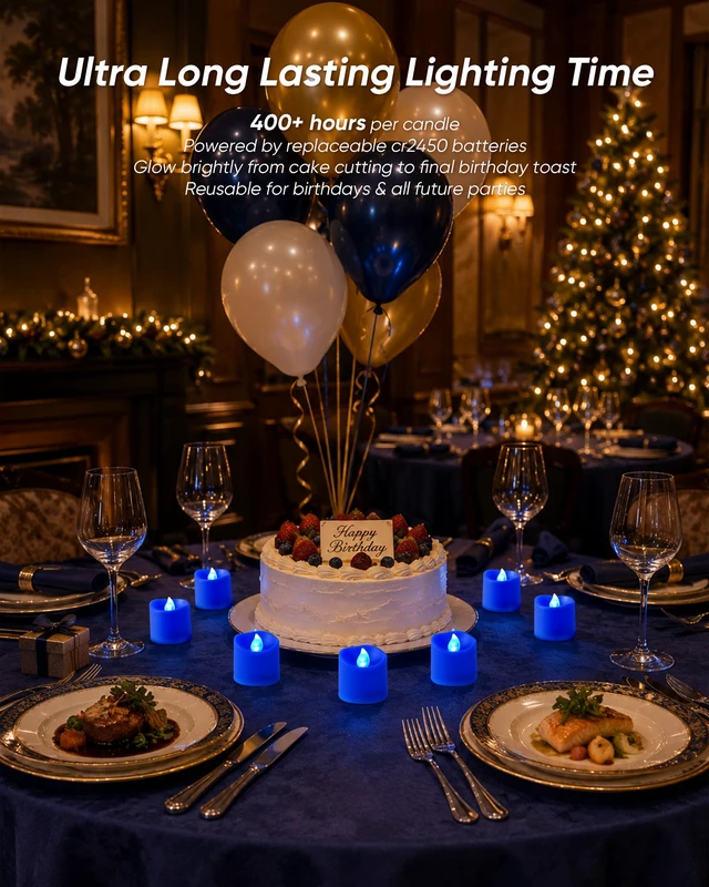 Alt view image 4 of 7 - Blue Flameless LED Votive Tealight Candles & Timer Remote, 12Pack Battery operated, 400+ hour runtime, 2/4/6/8h timer, warm white flicker glow, flicker/steady mode, for wedding decor