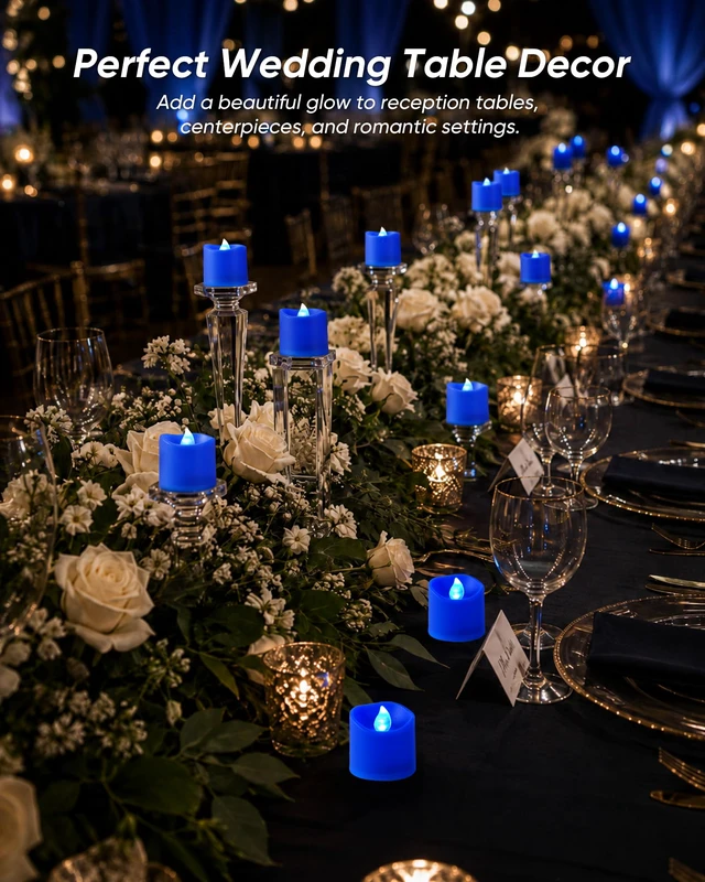 Alt view image 5 of 7 - Blue Flameless LED Votive Tealight Candles & Timer Remote, 12Pack Battery operated, 400+ hour runtime, 2/4/6/8h timer, warm white flicker glow, flicker/steady mode, for wedding decor