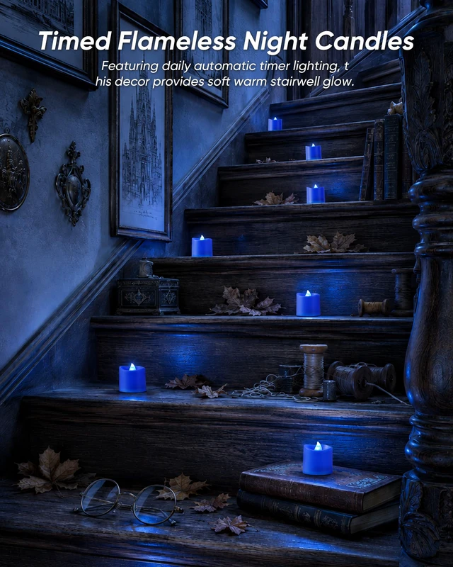 Alt view image 6 of 7 - Blue Flameless LED Votive Tealight Candles & Timer Remote, 12Pack Battery operated, 400+ hour runtime, 2/4/6/8h timer, warm white flicker glow, flicker/steady mode, for wedding decor