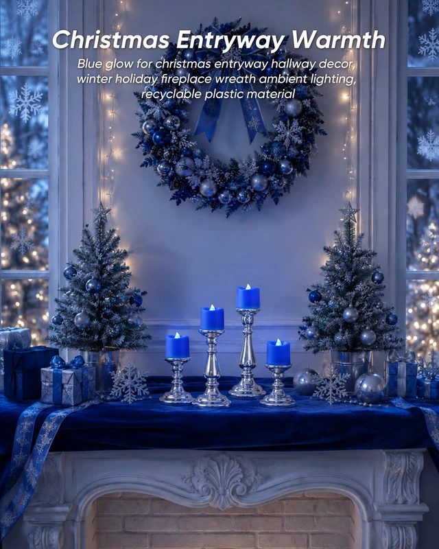 Alt view image 7 of 7 - Blue Flameless LED Votive Tealight Candles & Timer Remote, 12Pack Battery operated, 400+ hour runtime, 2/4/6/8h timer, warm white flicker glow, flicker/steady mode, for wedding decor