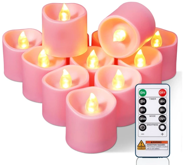 Main image of Pink Flameless LED Votive Tealight Candles & Timer Remote, 12Pack Battery operated, 400+ hour runtime, 2/4/6/8h timer, warm white flicker glow, flicker/steady mode, for wedding decor