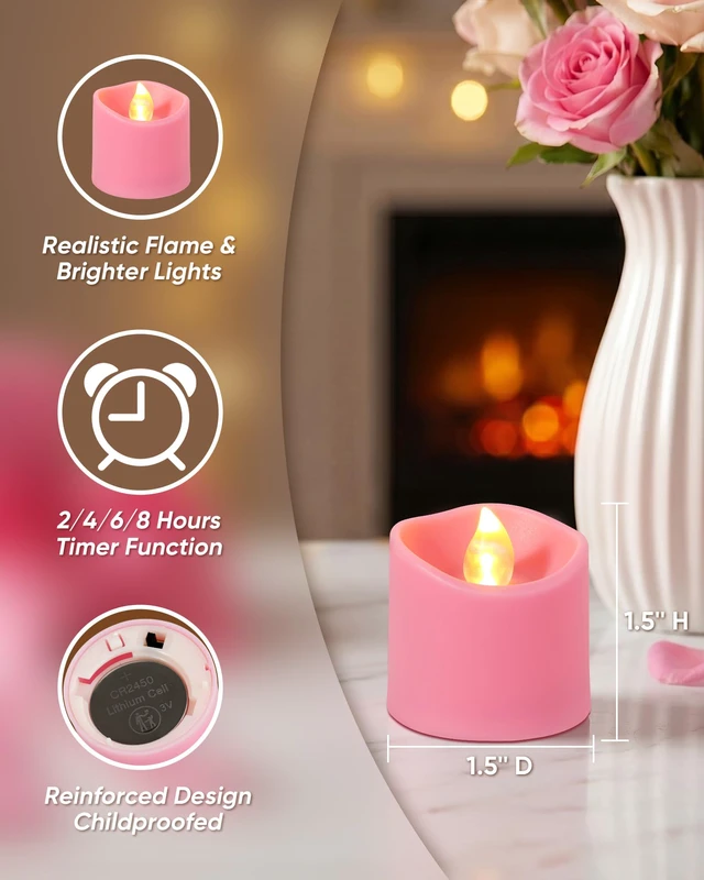 Alt view image 2 of 7 - Pink Flameless LED Votive Tealight Candles & Timer Remote, 12Pack Battery operated, 400+ hour runtime, 2/4/6/8h timer, warm white flicker glow, flicker/steady mode, for wedding decor