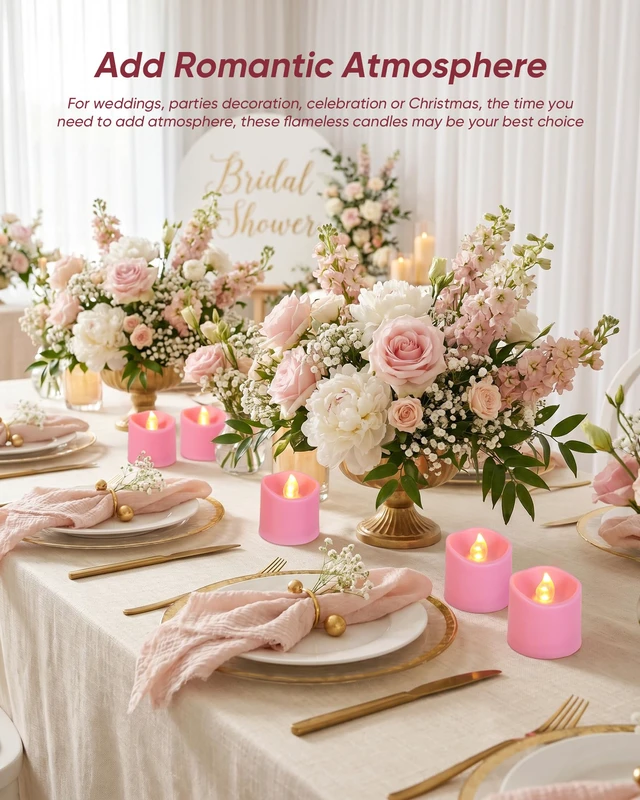 Alt view image 4 of 7 - Pink Flameless LED Votive Tealight Candles & Timer Remote, 12Pack Battery operated, 400+ hour runtime, 2/4/6/8h timer, warm white flicker glow, flicker/steady mode, for wedding decor