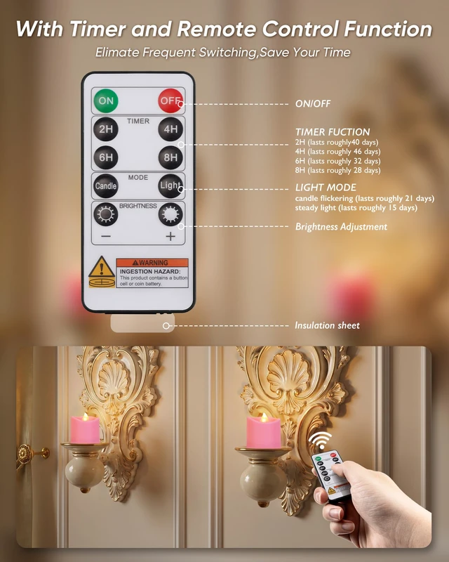 Alt view image 3 of 7 - Pink Flameless LED Votive Tealight Candles & Timer Remote, 12Pack Battery operated, 400+ hour runtime, 2/4/6/8h timer, warm white flicker glow, flicker/steady mode, for wedding decor