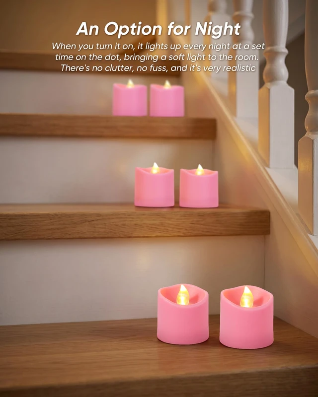 Alt view image 6 of 7 - Pink Flameless LED Votive Tealight Candles & Timer Remote, 12Pack Battery operated, 400+ hour runtime, 2/4/6/8h timer, warm white flicker glow, flicker/steady mode, for wedding decor
