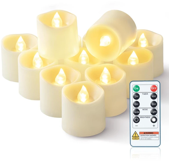 Main image of Ivory Flameless LED Votive Tealight Candles & Timer Remote, 12Pack Battery operated, 400+ hour runtime, 2/4/6/8h timer, warm white flicker glow, flicker/steady mode, for wedding centerpiece