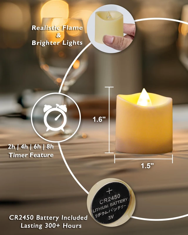 Alt view image 6 of 6 - Ivory Flameless LED Votive Tealight Candles & Timer Remote, 12Pack Battery operated, 400+ hour runtime, 2/4/6/8h timer, warm white flicker glow, flicker/steady mode, for wedding centerpiece