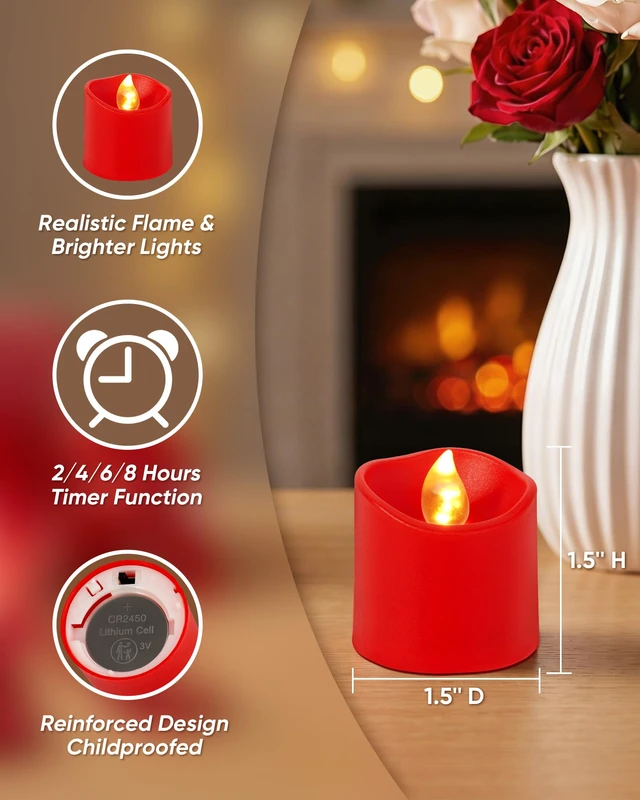 Alt view image 2 of 7 - Red Flameless LED Votive Tealight Candles & Timer Remote, 12Pack Battery operated, 400+ hour runtime, 2/4/6/8h timer, warm white flicker glow, flicker/steady mode, for wedding decor
