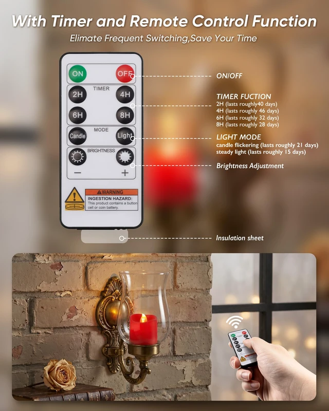 Alt view image 3 of 7 - Red Flameless LED Votive Tealight Candles & Timer Remote, 12Pack Battery operated, 400+ hour runtime, 2/4/6/8h timer, warm white flicker glow, flicker/steady mode, for wedding decor