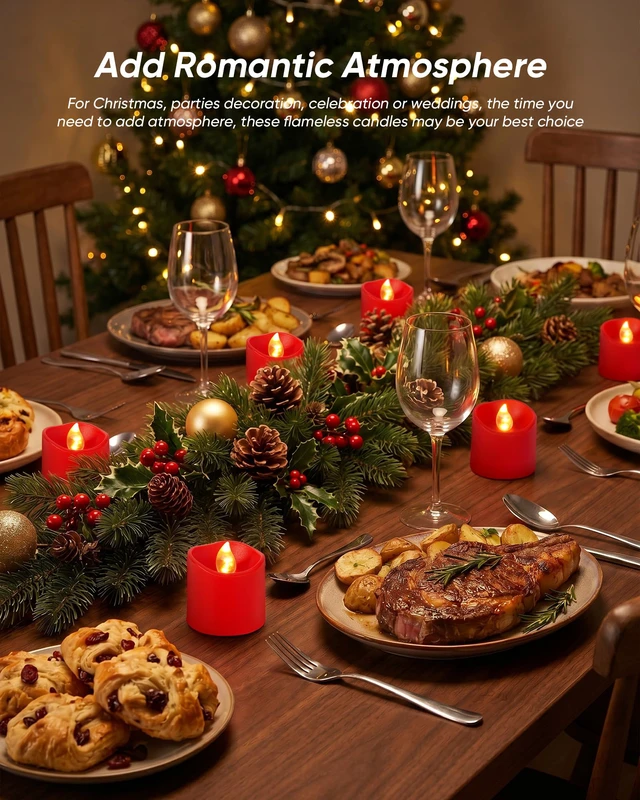 Alt view image 4 of 7 - Red Flameless LED Votive Tealight Candles & Timer Remote, 12Pack Battery operated, 400+ hour runtime, 2/4/6/8h timer, warm white flicker glow, flicker/steady mode, for wedding decor