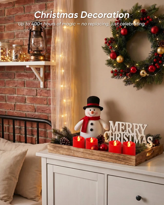 Alt view image 5 of 7 - Red Flameless LED Votive Tealight Candles & Timer Remote, 12Pack Battery operated, 400+ hour runtime, 2/4/6/8h timer, warm white flicker glow, flicker/steady mode, for wedding decor