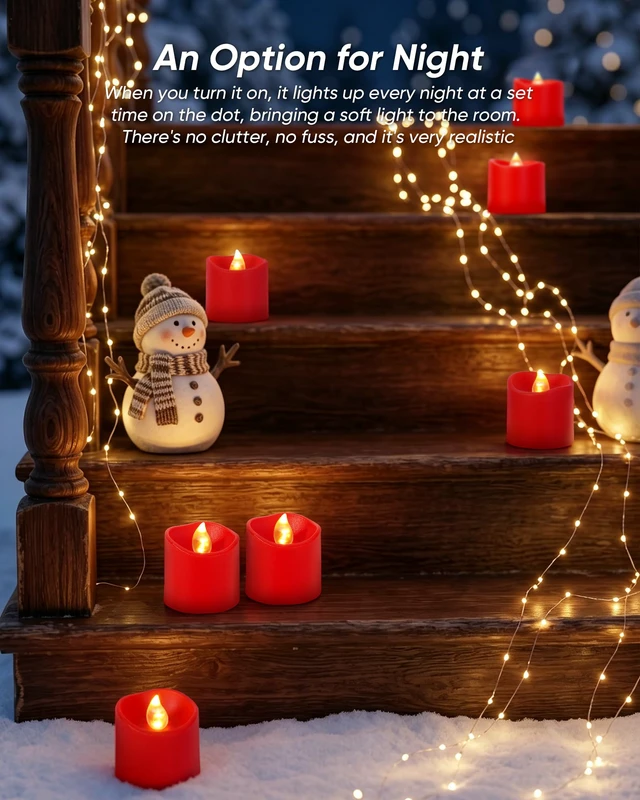 Alt view image 6 of 7 - Red Flameless LED Votive Tealight Candles & Timer Remote, 12Pack Battery operated, 400+ hour runtime, 2/4/6/8h timer, warm white flicker glow, flicker/steady mode, for wedding decor