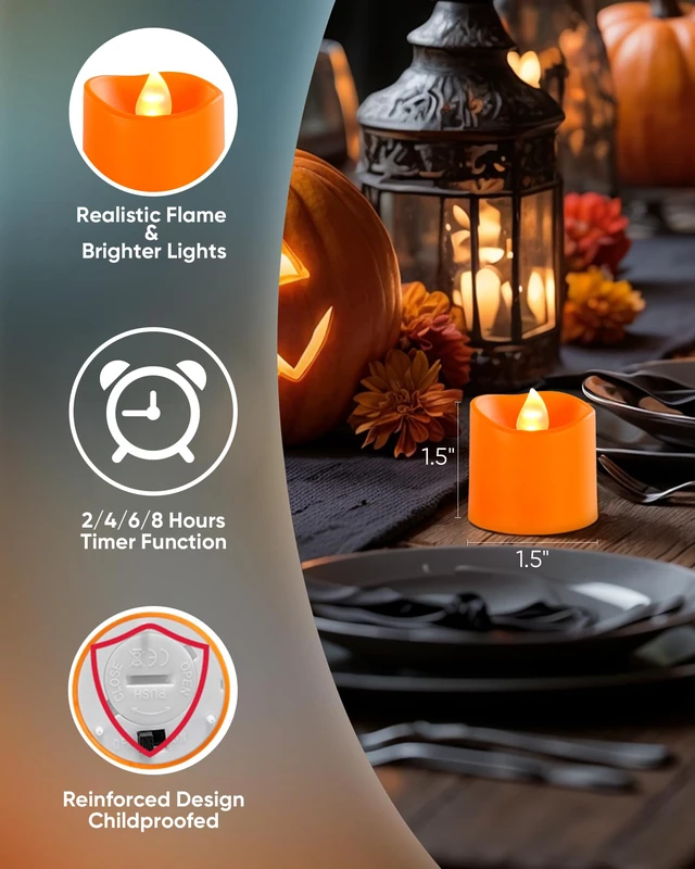Alt view image 2 of 7 - Orange Flameless LED Votive Tealight Candles & Timer Remote,12Pack Battery operated, 400+ hour runtime, 2/4/6/8h timer, warm white, flicker/steady mode, for halloween, Thanksgiving decor