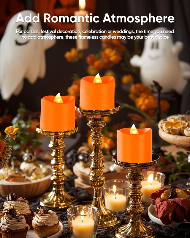 Alt view image 4 of 7 - Orange Flameless LED Votive Tealight Candles & Timer Remote,12Pack Battery operated, 400+ hour runtime, 2/4/6/8h timer, warm white, flicker/steady mode, for halloween, Thanksgiving decor