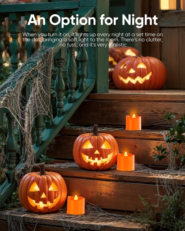 Alt view image 5 of 7 - Orange Flameless LED Votive Tealight Candles & Timer Remote,12Pack Battery operated, 400+ hour runtime, 2/4/6/8h timer, warm white, flicker/steady mode, for halloween, Thanksgiving decor