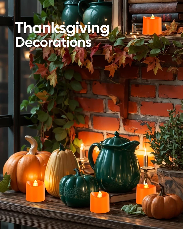 Alt view image 6 of 7 - Orange Flameless LED Votive Tealight Candles & Timer Remote,12Pack Battery operated, 400+ hour runtime, 2/4/6/8h timer, warm white, flicker/steady mode, for halloween, Thanksgiving decor