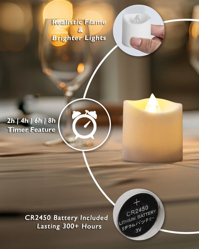 Alt view image 6 of 6 - White Flameless LED Votive Tealight Candles & Timer Remote, 12Pack Battery operated, 400+ hour runtime, 2/4/6/8h timer, warm white flicker glow, flicker/steady mode, for wedding centerpiece