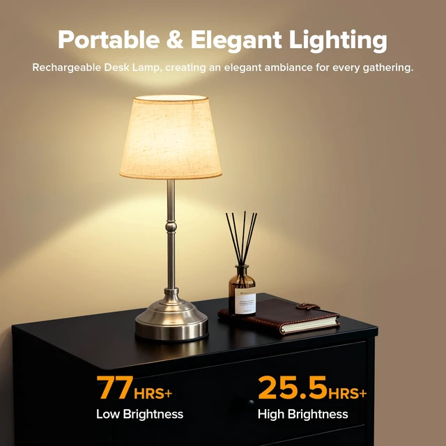 Alt view image 2 of 7 - Cordless Table Lamp, Rechargeable Desk Lamp with Fabric Shade, Battery Operated Lamp 3 Color Stepless Dimming, Portable Touch Bedside Lamp Home Decor for Dining, Counter (Brushed Sliver)