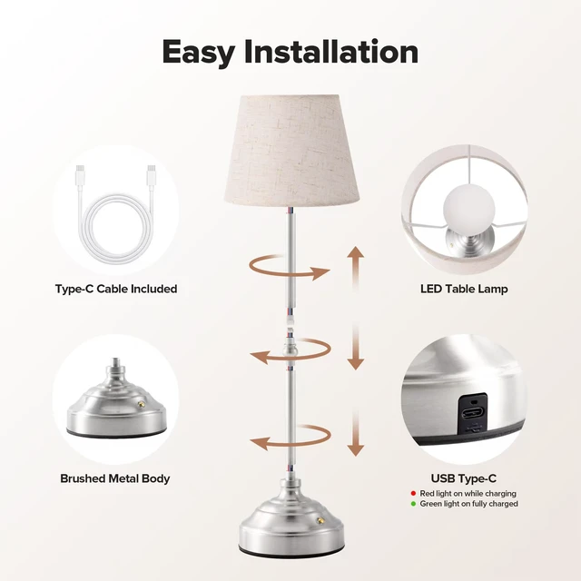 Alt view image 3 of 7 - Cordless Table Lamp, Rechargeable Desk Lamp with Fabric Shade, Battery Operated Lamp 3 Color Stepless Dimming, Portable Touch Bedside Lamp Home Decor for Dining, Counter (Brushed Sliver)
