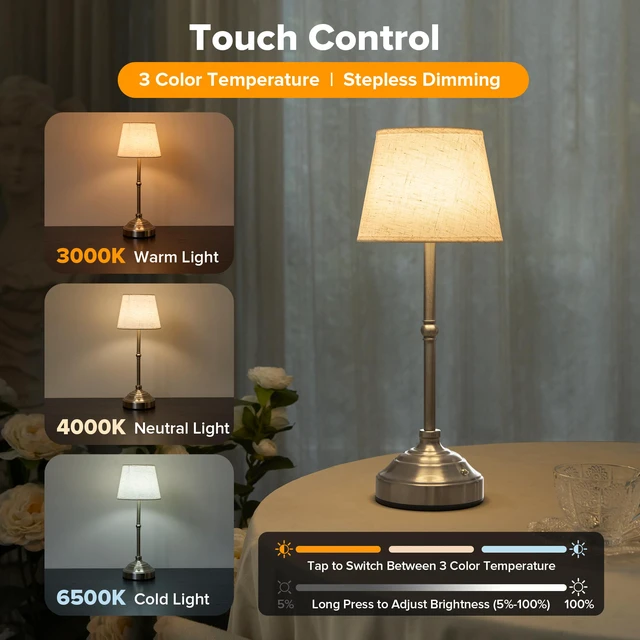Alt view image 4 of 7 - Cordless Table Lamp, Rechargeable Desk Lamp with Fabric Shade, Battery Operated Lamp 3 Color Stepless Dimming, Portable Touch Bedside Lamp Home Decor for Dining, Counter (Brushed Sliver)