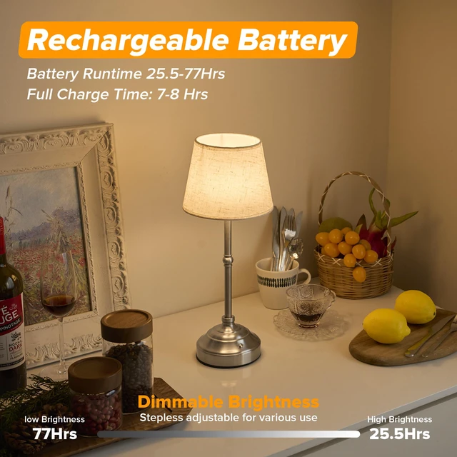 Alt view image 5 of 7 - Cordless Table Lamp, Rechargeable Desk Lamp with Fabric Shade, Battery Operated Lamp 3 Color Stepless Dimming, Portable Touch Bedside Lamp Home Decor for Dining, Counter (Brushed Sliver)