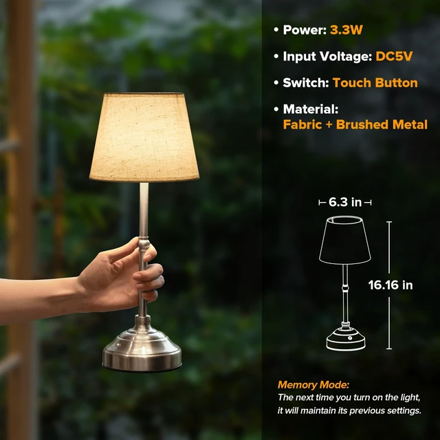 Alt view image 6 of 7 - Cordless Table Lamp, Rechargeable Desk Lamp with Fabric Shade, Battery Operated Lamp 3 Color Stepless Dimming, Portable Touch Bedside Lamp Home Decor for Dining, Counter (Brushed Sliver)