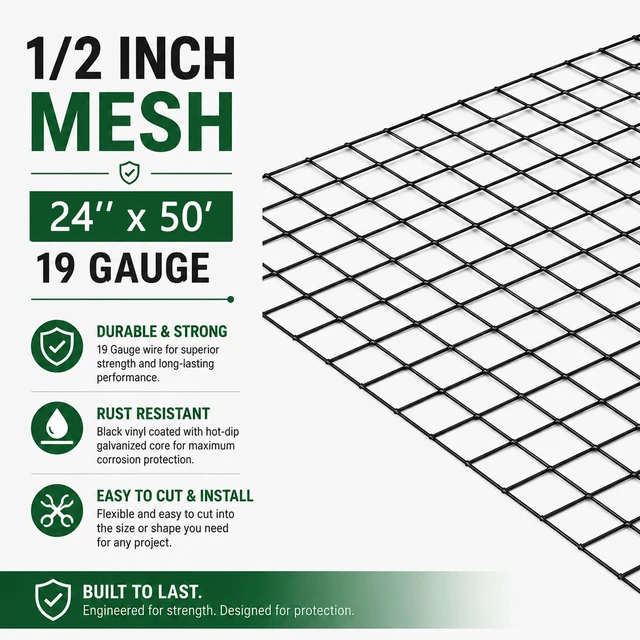 Alt view image 2 of 7 - Black Hardware Cloth 24" x 50' with 1/2" Mesh 19 Gauge Vinyl Coated Wire Mesh Roll for Chicken Wire Fencing, Garden Fence, Gopher Guard, Snake Fence
